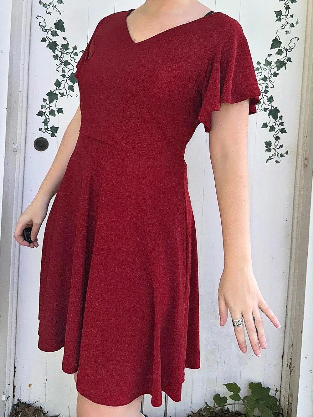 Holiday or Christmas Red Flutter Sleeve Mini Dress by Dress Tells